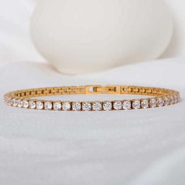 Luxury Tennis Designer Crystal Jewelry Inlaid Ocean Blue White Zircon Titanium Steel Plated 18k Gold Tennis Bracelet