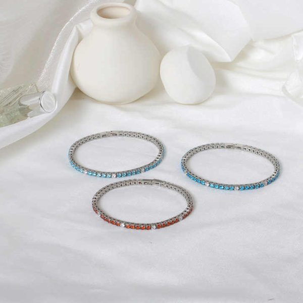 Luxury Tennis Designer Crystal Jewelry Inlaid Ocean Blue White Zircon Titanium Steel Plated 18k Gold Tennis Bracelet