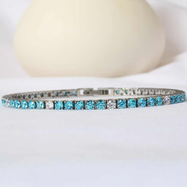 Luxury Tennis Designer Crystal Jewelry Inlaid Ocean Blue White Zircon Titanium Steel Plated 18k Gold Tennis Bracelet