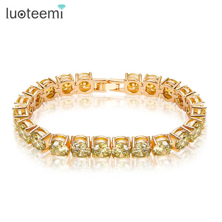 Wholesale Summer New 18K Champagne Gold Plated Light Olive Green 7MM Round Cubic Zircon Big Tennis Bracelets Bangles