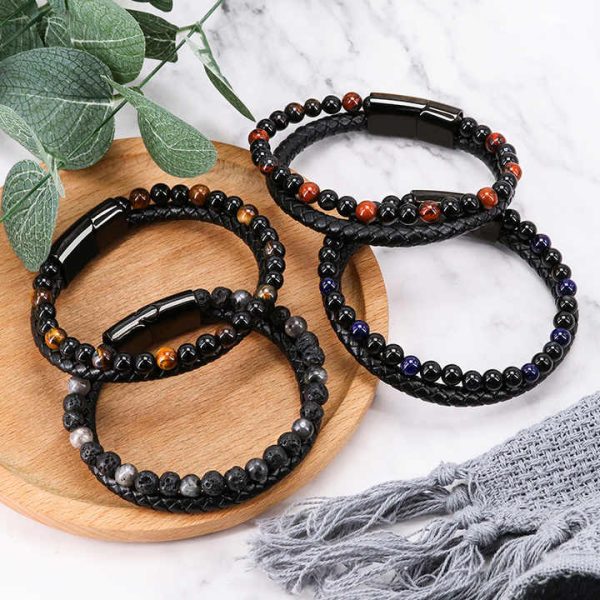 Natural Volcanic Stone Tigereye Beaded Magnetic Clasp Black Hand-woven Men's Leather Cord Agate Charm Bracelet Bangle for Men