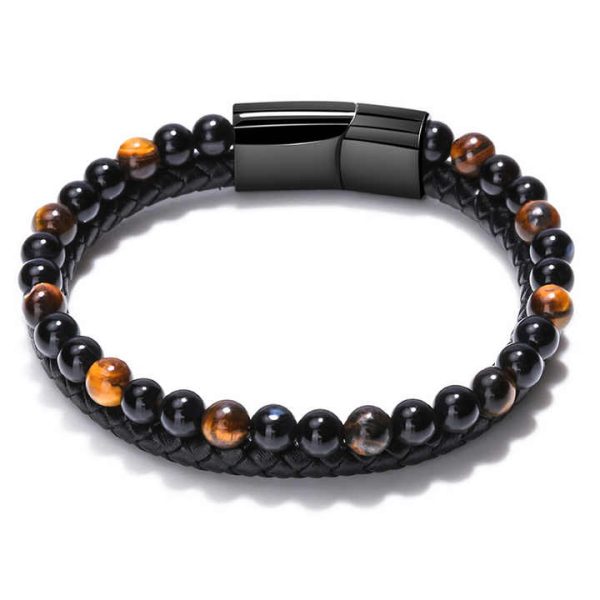 Natural Volcanic Stone Tigereye Beaded Magnetic Clasp Black Hand-woven Men's Leather Cord Agate Charm Bracelet Bangle for Men