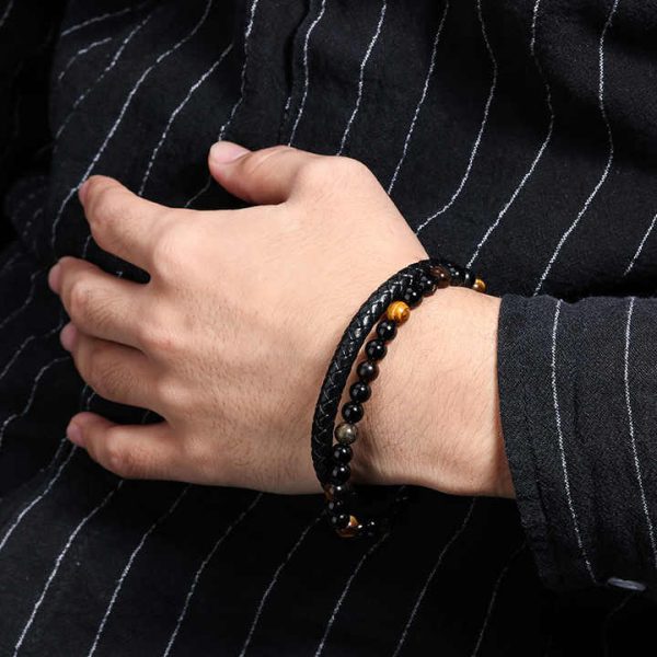 Natural Volcanic Stone Tigereye Beaded Magnetic Clasp Black Hand-woven Men's Leather Cord Agate Charm Bracelet Bangle for Men