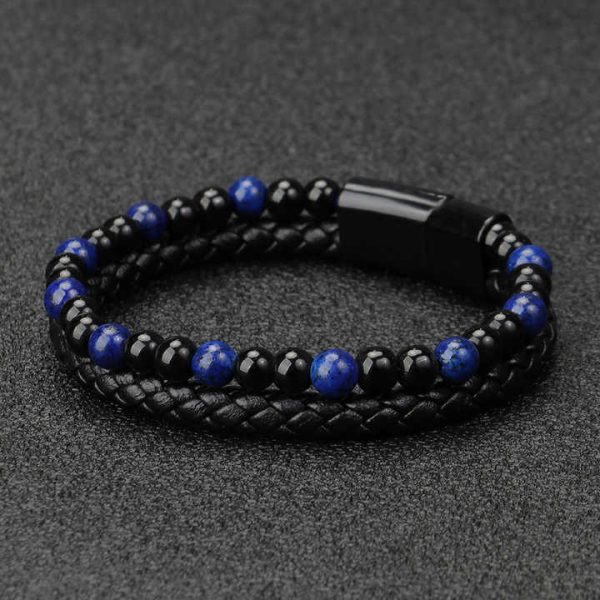 Natural Volcanic Stone Tigereye Beaded Magnetic Clasp Black Hand-woven Men's Leather Cord Agate Charm Bracelet Bangle for Men