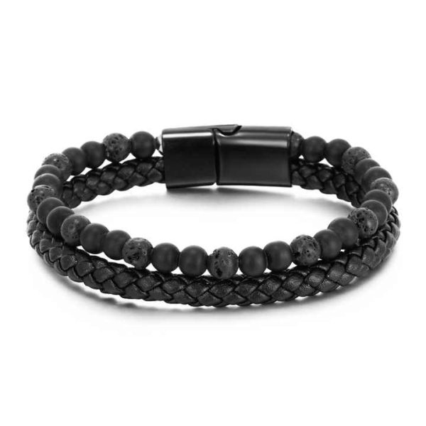 Natural Volcanic Stone Tigereye Beaded Magnetic Clasp Black Hand-woven Men's Leather Cord Agate Charm Bracelet Bangle for Men