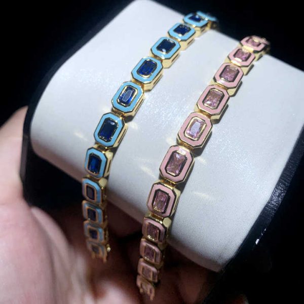 Pink Yellow Blue Green Colorful Enamel Rectangle Tennis Bracelet 5A Cubic Zirconia CZ Luxury Bling Women Party Jewelry