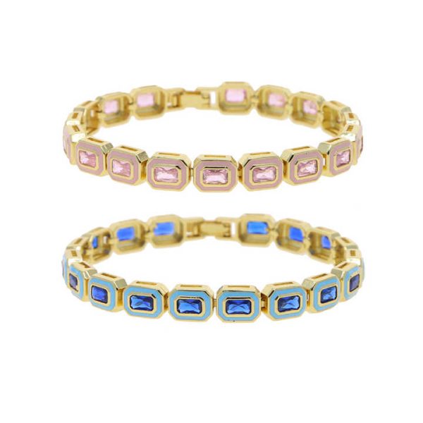 Pink Yellow Blue Green Colorful Enamel Rectangle Tennis Bracelet 5A Cubic Zirconia CZ Luxury Bling Women Party Jewelry