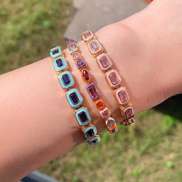 Pink Yellow Blue Green Colorful Enamel Rectangle Tennis Bracelet 5A Cubic Zirconia CZ Luxury Bling Women Party Jewelry