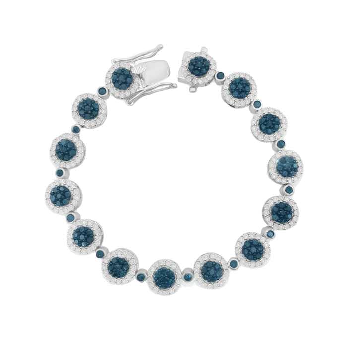 5.52 Ct Natural Round Blue Diamond Cluster Tennis Bracelet Sterling Silver 6.5"
