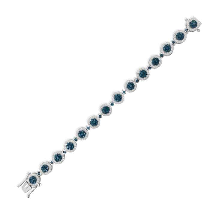 5.52 Ct Natural Round Blue Diamond Cluster Tennis Bracelet Sterling Silver 6.5"