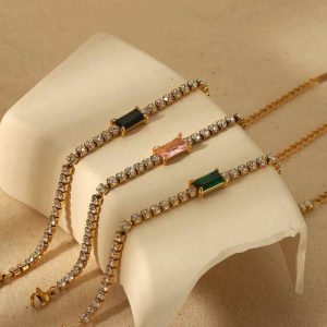 Trendy Stainless Steel Tennis Bracelet with Multi-Color Zircon Stones, 18K Gold Plated Geometric Design for Unisex Parties