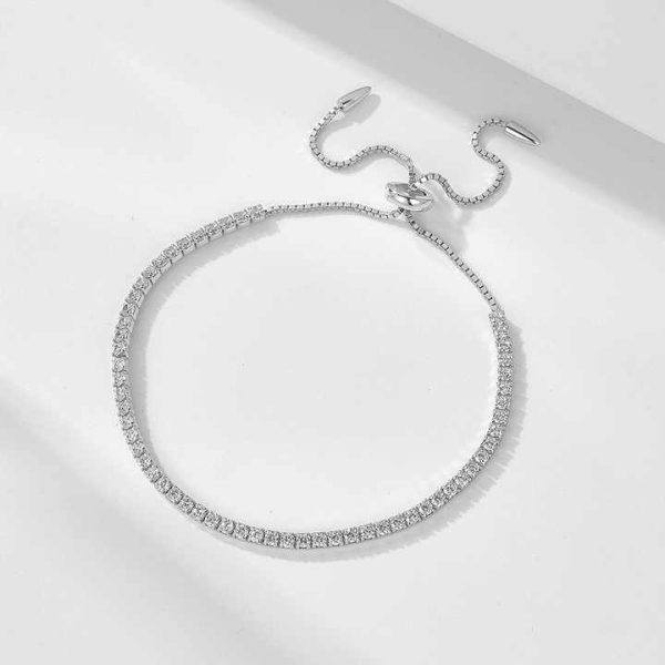Single Row Full Diamond 2mm Round Zircon Pull-Out Adjustable 925 Sterling Silver Tennis Bracelet for Women