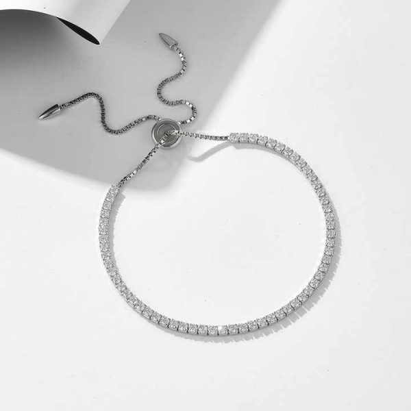 Single Row Full Diamond 2mm Round Zircon Pull-Out Adjustable 925 Sterling Silver Tennis Bracelet for Women