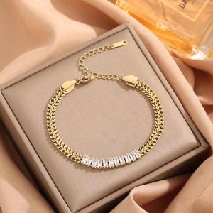 Stylish 18K Gold Plated Stainless Steel Zircon Tennis Bracelet for Women, Trendy Luxury Jewelry with Cubic Zirconia for Anniversary Wedding Gift