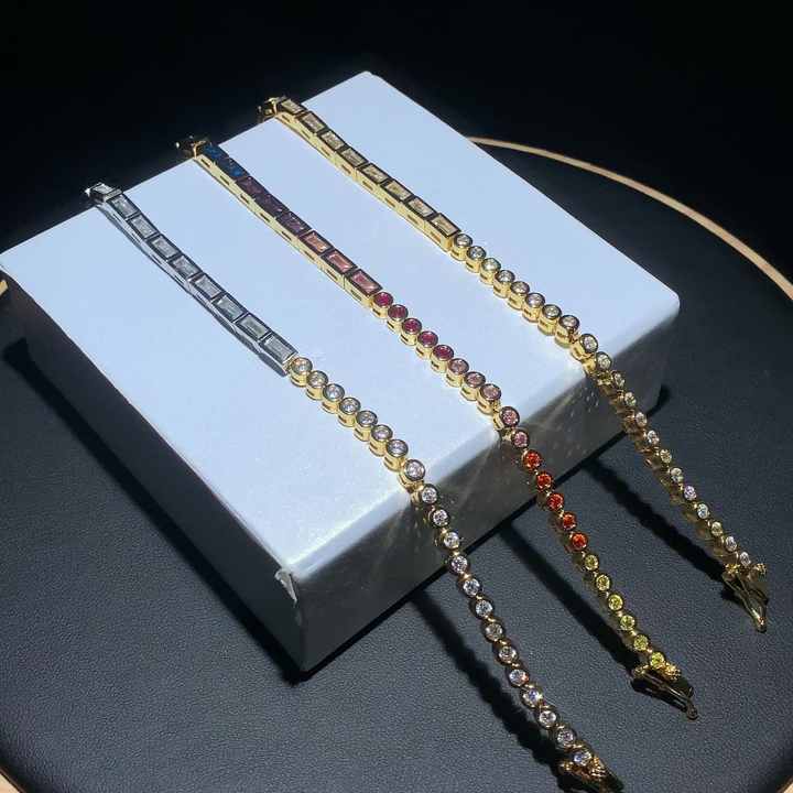 18K Gold Plated Brass Tennis Bracelet with Princess Cut Zircon Stones - Trendy Customizable Fashion Jewelry for Women