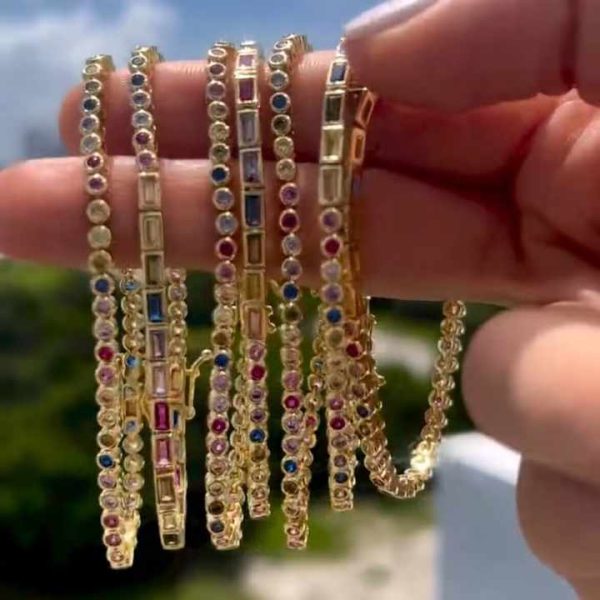 Bezel White Colorful Rainbow Small Half Round Half Rectangle Zirconia Stone Tennis Bracelet for Women Girl Fashion Jewelry