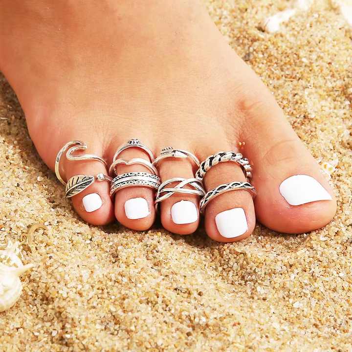 Wholesale Foot Toe Ring 9 Sets Open Adjustable Geometric Leaf Shaped Hollow Out Beach Fashion Fine Jewelry Toe Ring for Women