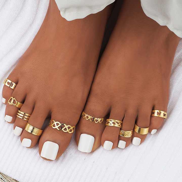 Cute Hollow Butterfly Five Pointed Star Double Love Feet Ring Set of 10 Gold Plated Geometric Adjustable Feet Rings for Women