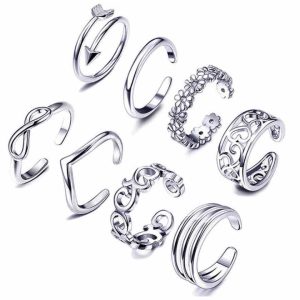 Adjustable Toe Rings for Women - Engraved Flower Summer Foot Jewelry Set, 8-Piece Opening Toe Ring Collection