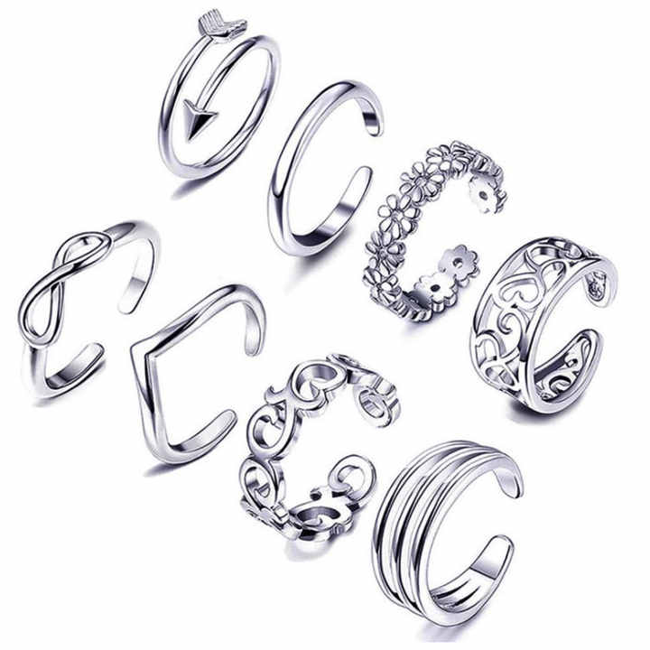 SC Wholesale Summer Sandals Toe Rings Adjustable Foot Jewelry Fashion Sexy Engraved Flower 8 Pcs Opening Toe Ring Sets for Women