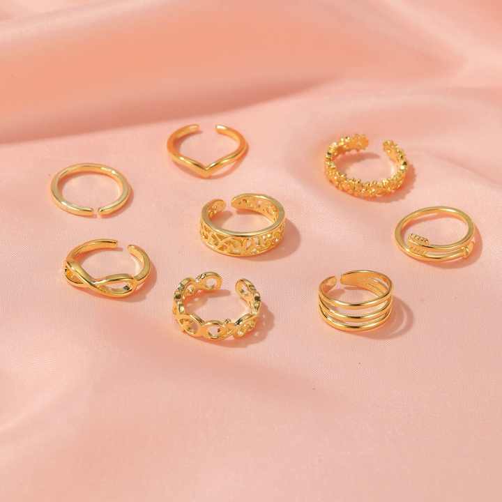 SC Wholesale Summer Sandals Toe Rings Adjustable Foot Jewelry Fashion Sexy Engraved Flower 8 Pcs Opening Toe Ring Sets for Women