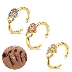 Trendy 18K Gold Plated Brass Double Heart Open Toe Ring with Zircon Stones for Women Girls Summer Beach Jewelry Eco-Friendly Foot Rings