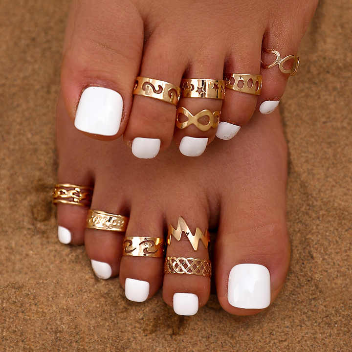 10Pcs/Set Fashion Women Jewelry Gold Plated Foot Toe Ring Set Split Silver Lightning Moon Beach Star Toes Ring