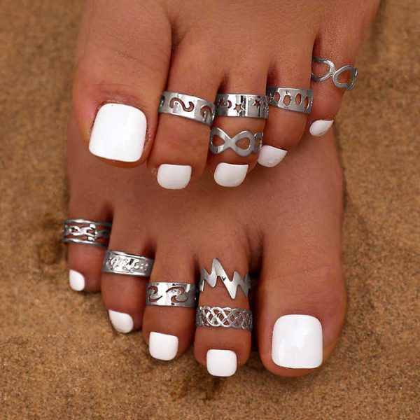 10Pcs/Set Fashion Women Jewelry Gold Plated Foot Toe Ring Set Split Silver Lightning Moon Beach Star Toes Ring