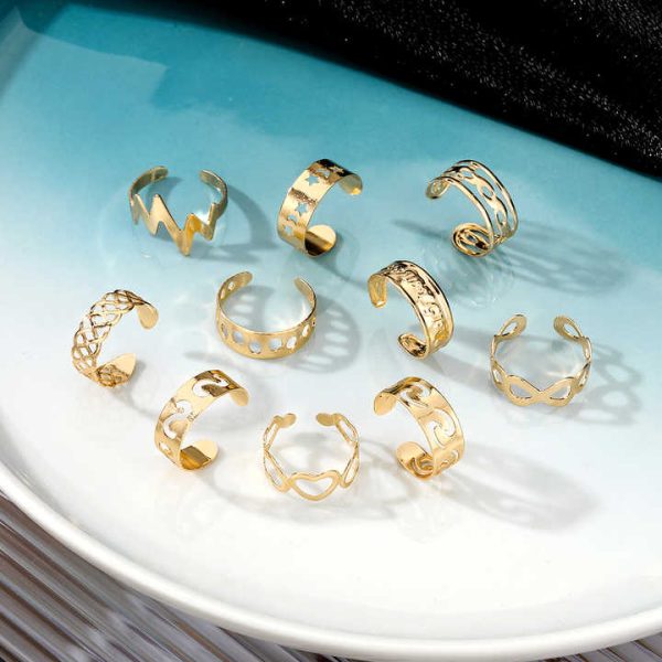 10Pcs/Set Fashion Women Jewelry Gold Plated Foot Toe Ring Set Split Silver Lightning Moon Beach Star Toes Ring