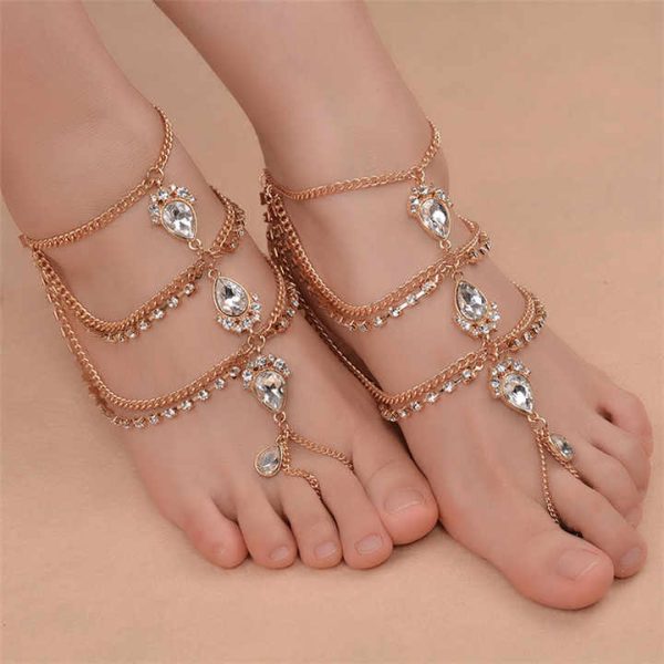 Bohemian Newest Barefoot Sandals Fashion Foot Chain Jewelry Cristal Anklet With Toe Ring in Body Jewelry Foot for Women
