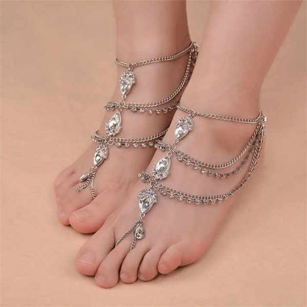 Bohemian Newest Barefoot Sandals Fashion Foot Chain Jewelry Cristal Anklet With Toe Ring in Body Jewelry Foot for Women